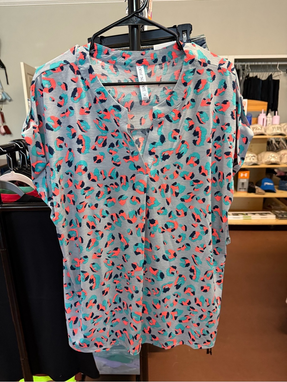 Dear Scarlett Short Sleeve Animal Print Blouse in Gray, Coral & Teal